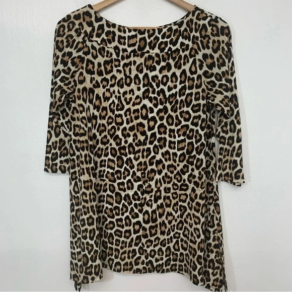 Chicos 0 Top Shirt US  Small Brown Animal Print  Tunic Boat Neck 3/4 Sleeve Work - Picture 7 of 13